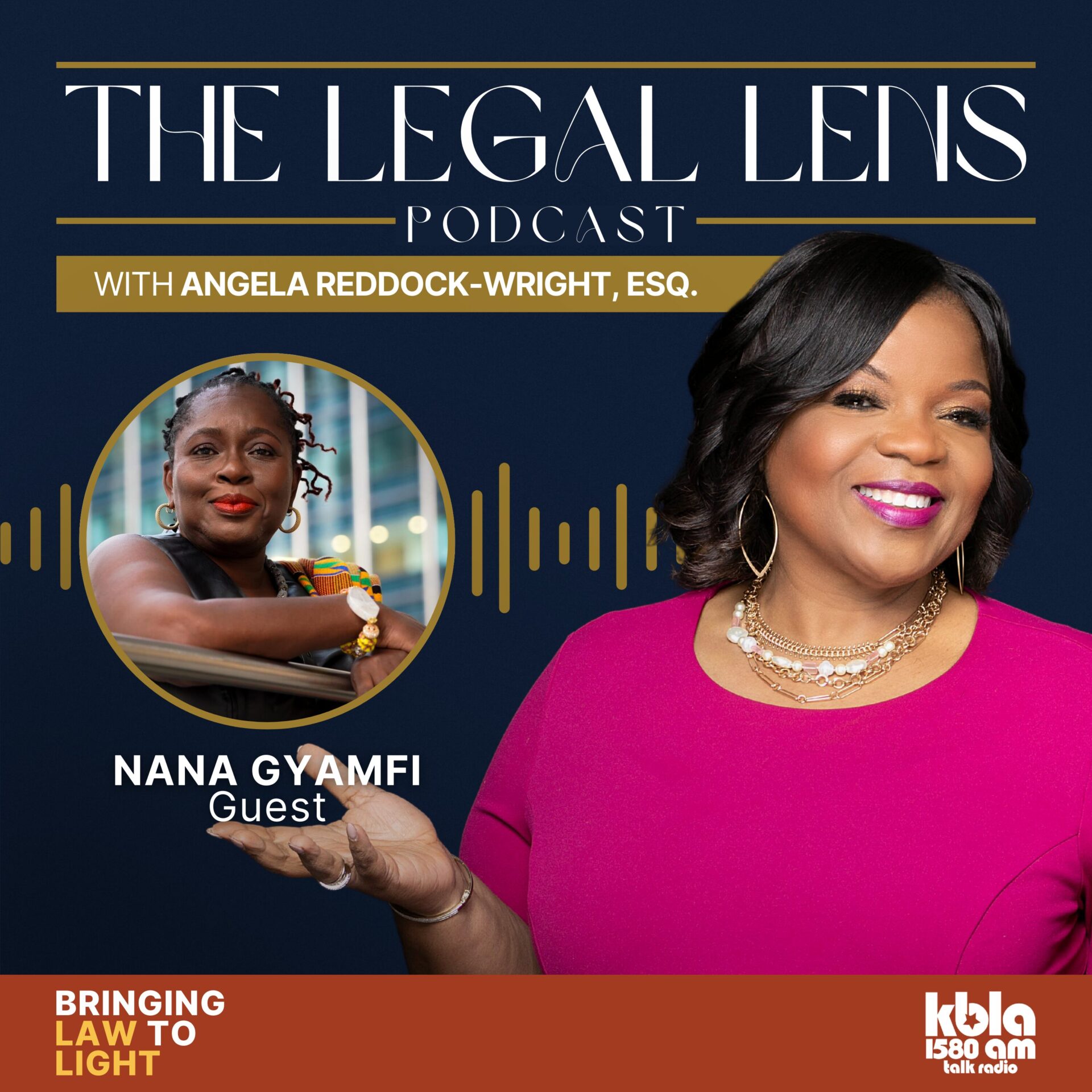 An image promoting the Legal Lens Podcast and a recent episode that featured a riveting discussion with Nana Gyamfi about immigration, rising authoritarianism, and more. 