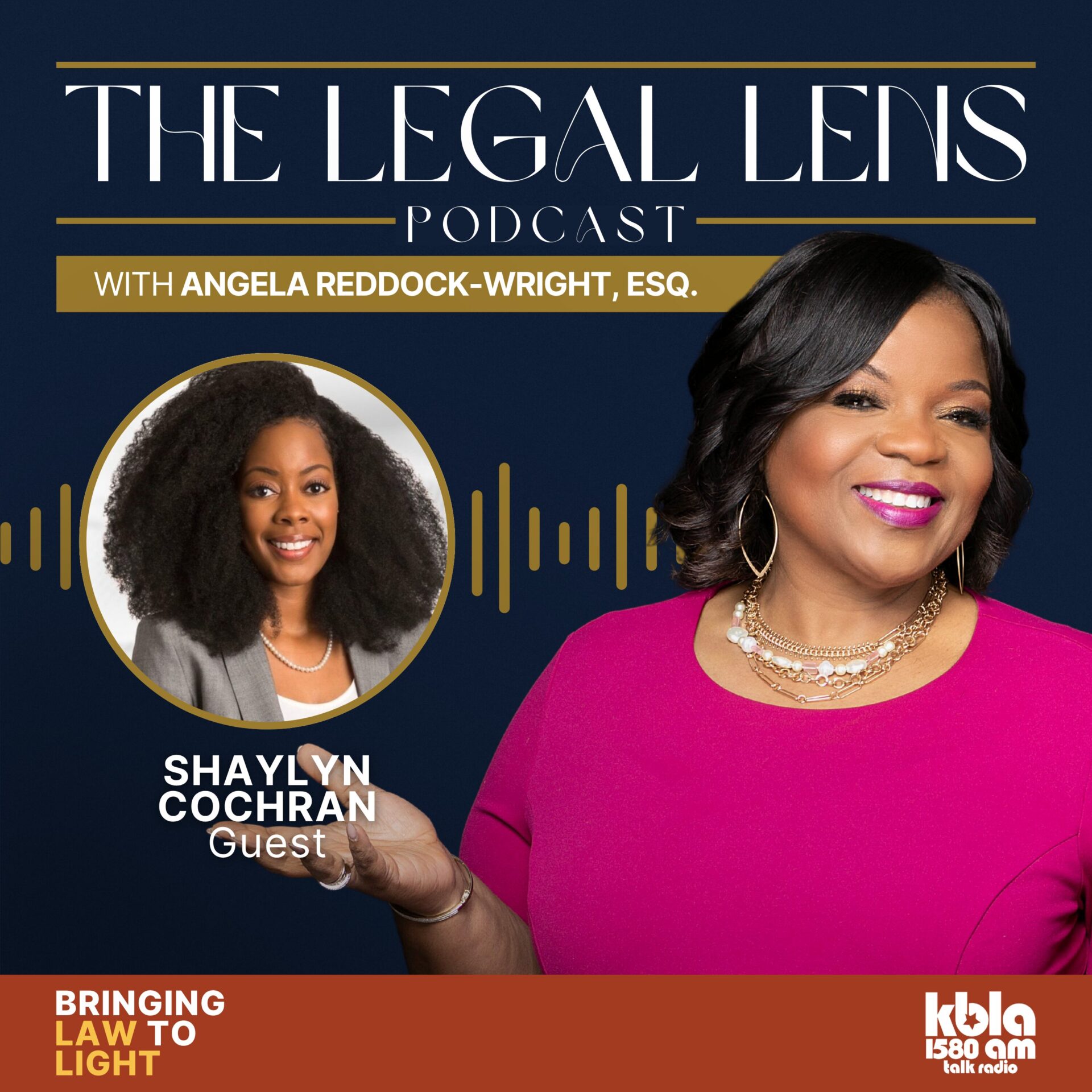 A flyer promoting a recent episode of the Legal Lens Podcast that featured a guest appearance by attorney Shaylyn Cochran. 