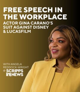 Angela Reddock-Wright smiling during her appearance on Scripps News to discuss the Gina Carano wrongful termination lawsuit as an expert wrongful termination legal analyst.