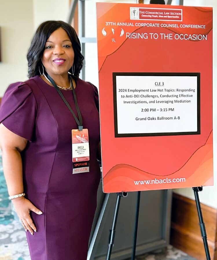 Angela Reddock-Wright smiling at the National Bar Association Commercial Law Section Corporate Counsel Conference in San Antonio, Texas where she discussed the developing laws around the use of Artificial Intelligence (AI) in the workplace, including the EEOC’s recent guidance to employers and employees on this topic. These issues are exemplified by the recent CVS AI discrimination lawsuit.