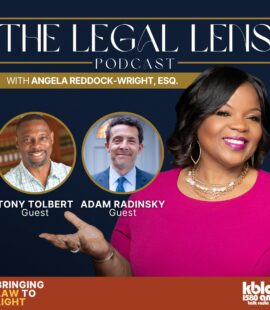 A picture promoting an episode of the Legal Lens Podcast about reparations for African Americans in 2025, featuring Tony Tolbert and Adam Radinsky.
