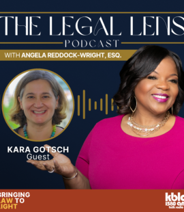 A flyer promoting a riveting conversation with Kara Gotsch, Executive Director of The Sentencing Project, on The Legal Lens Podcast, exploring sentencing reform, youth justice, and the path to redemption.